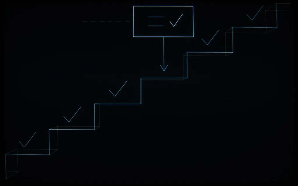 CRT line drawing: an eight-step staircase with checked steps and a logic layer catching one, close up