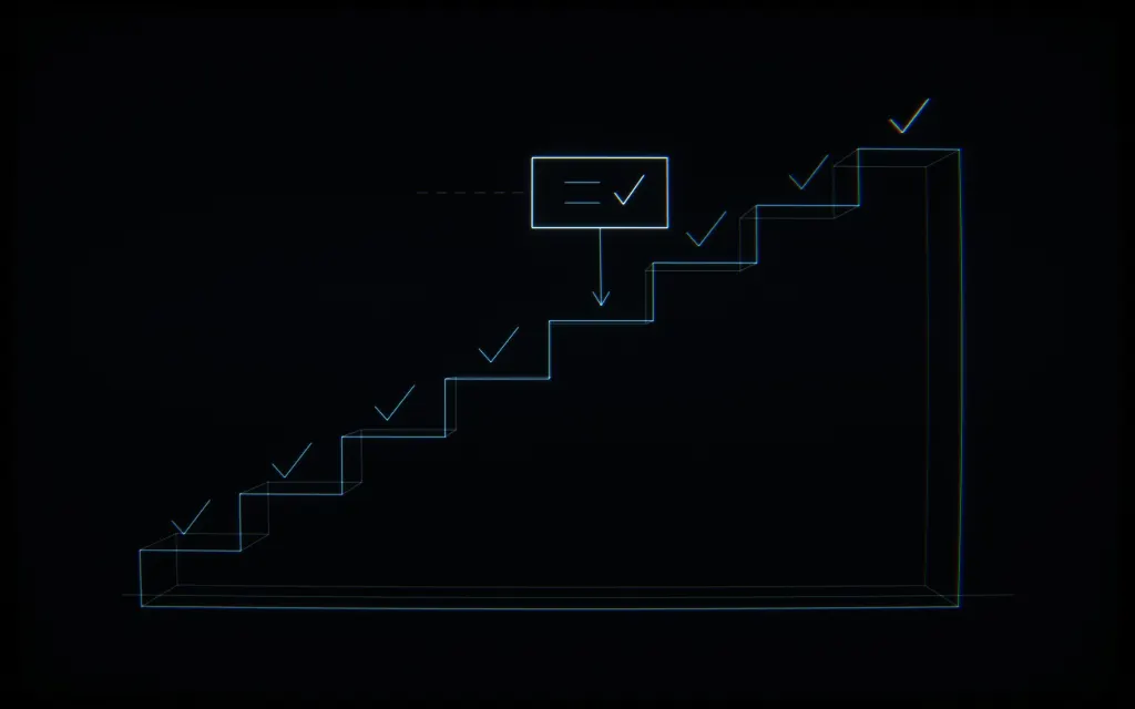 CRT line drawing: an eight-step staircase with checked steps and a logic layer catching one, at phone density