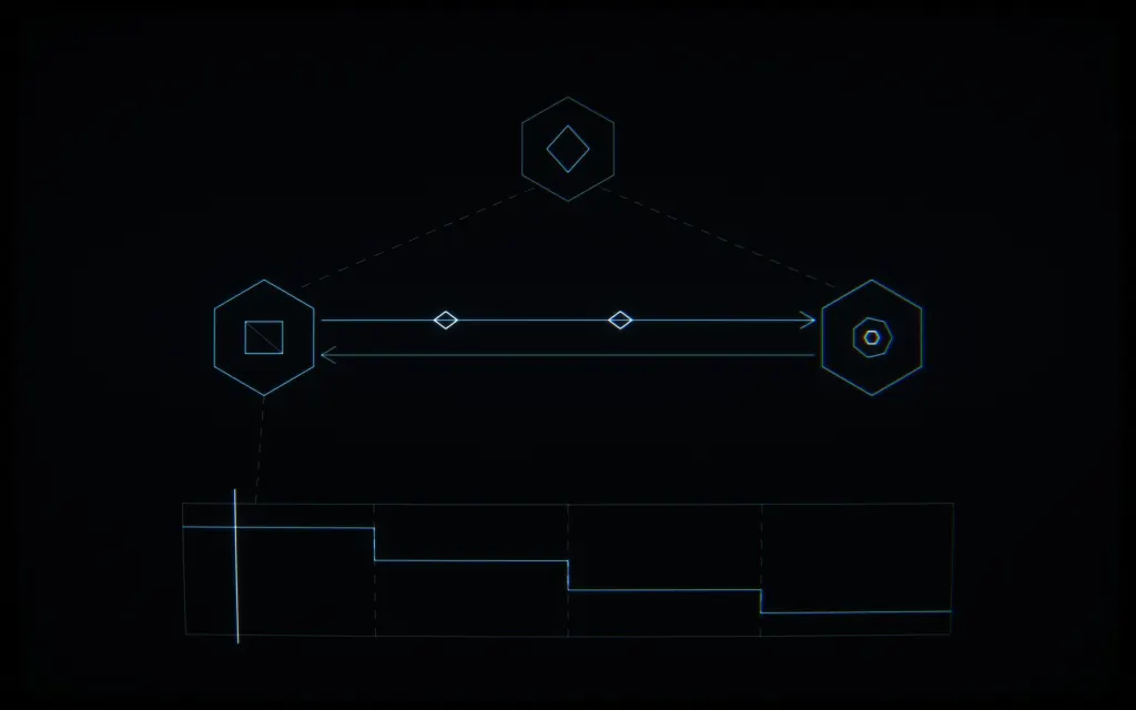 CRT line drawing: three role nodes (supplier, buyer, admin) with order flows and a tiered price bar, at phone density