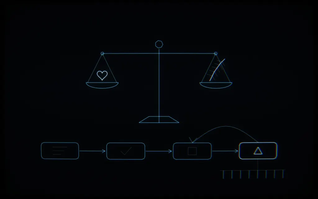 CRT line drawing: the scales of Maat over a four-stage pipeline: lint, type-check, build, deploy, at phone density