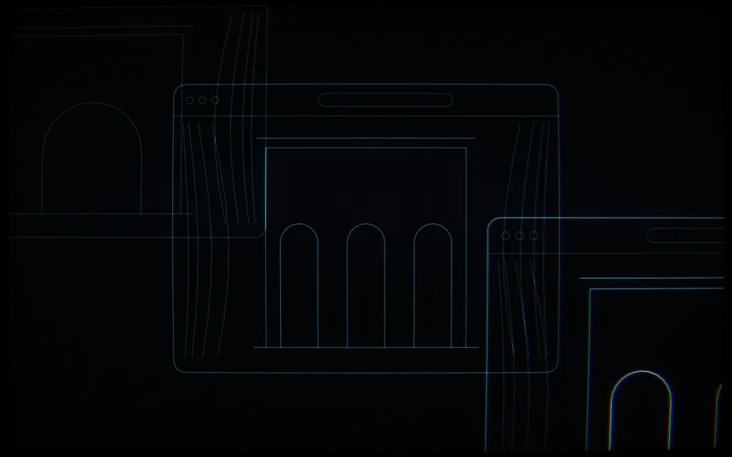 CRT line drawing: three browser frames in depth, arched facades and parted curtains, close up