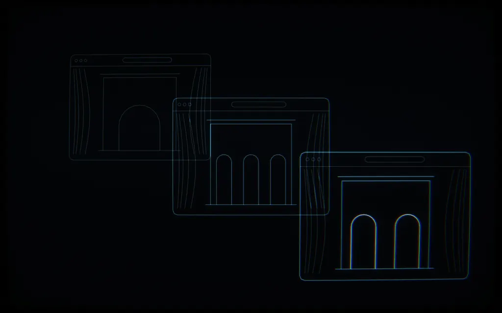 CRT line drawing: three browser frames in depth, arched facades and parted curtains, at phone density