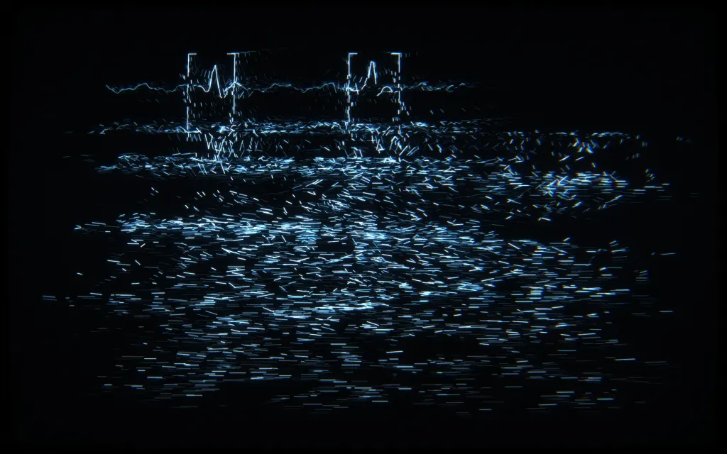 CRT line drawing: stacked EEG traces with two bracketed spike windows, tuning in from static
