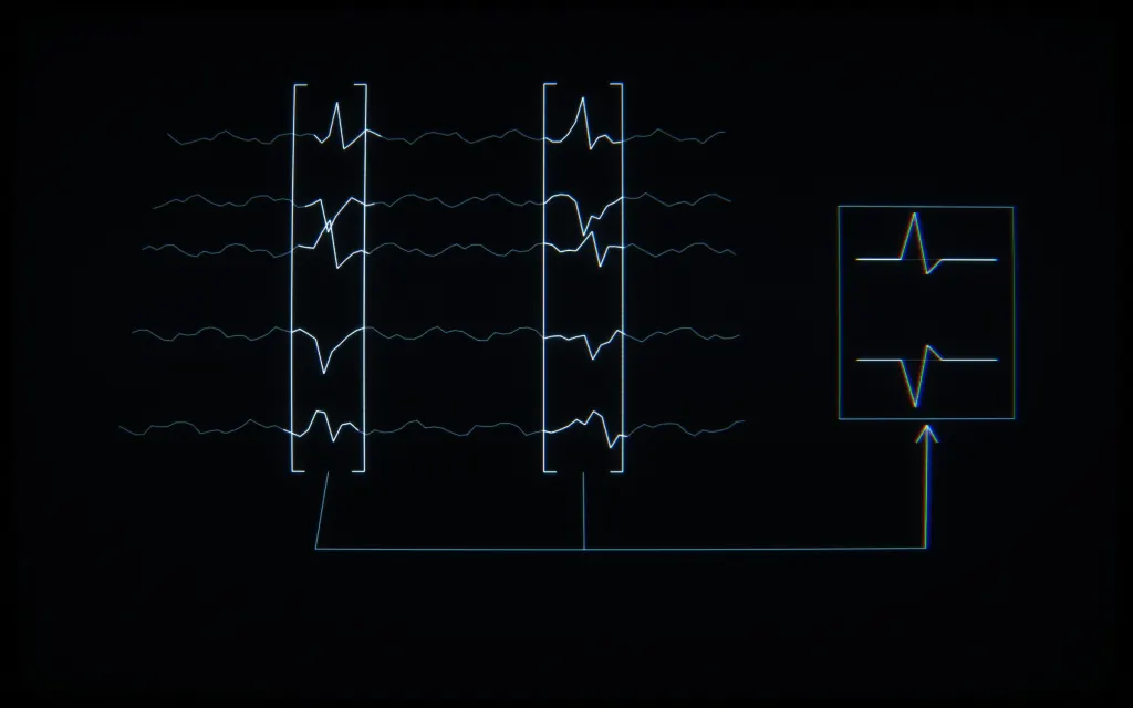 CRT line drawing: stacked EEG traces with two bracketed spike windows, at phone density
