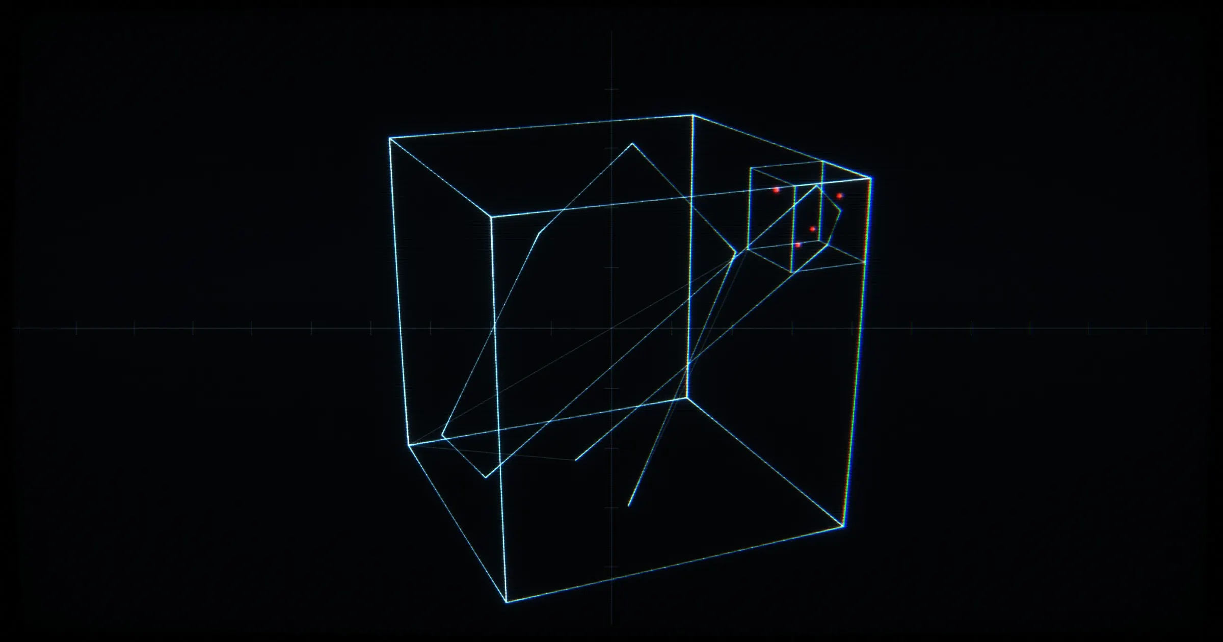 CRT line drawing: a cube traced edge by edge, a path bouncing inside