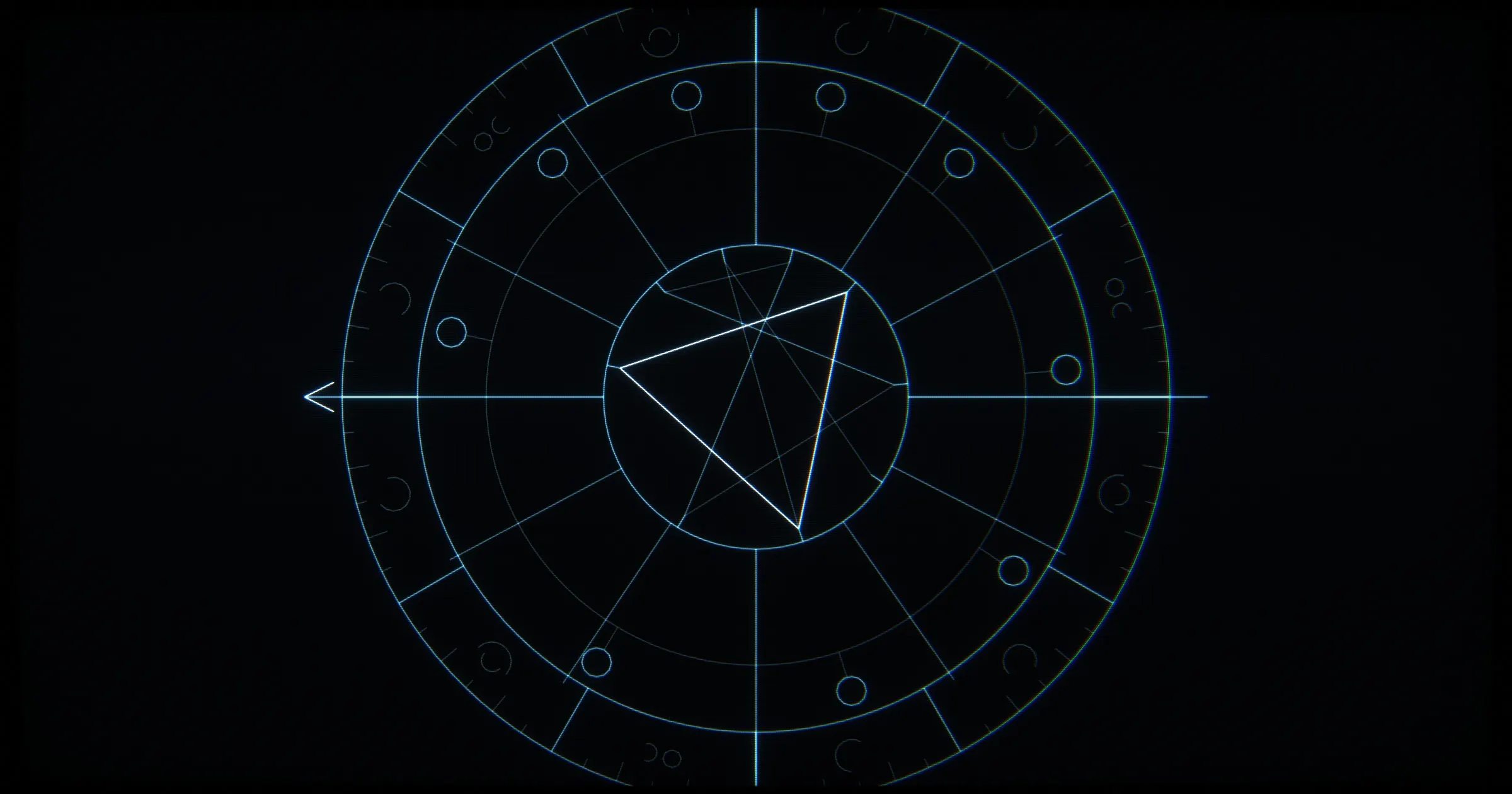 CRT line drawing: a natal wheel with house cusps, planet markers and aspect chords