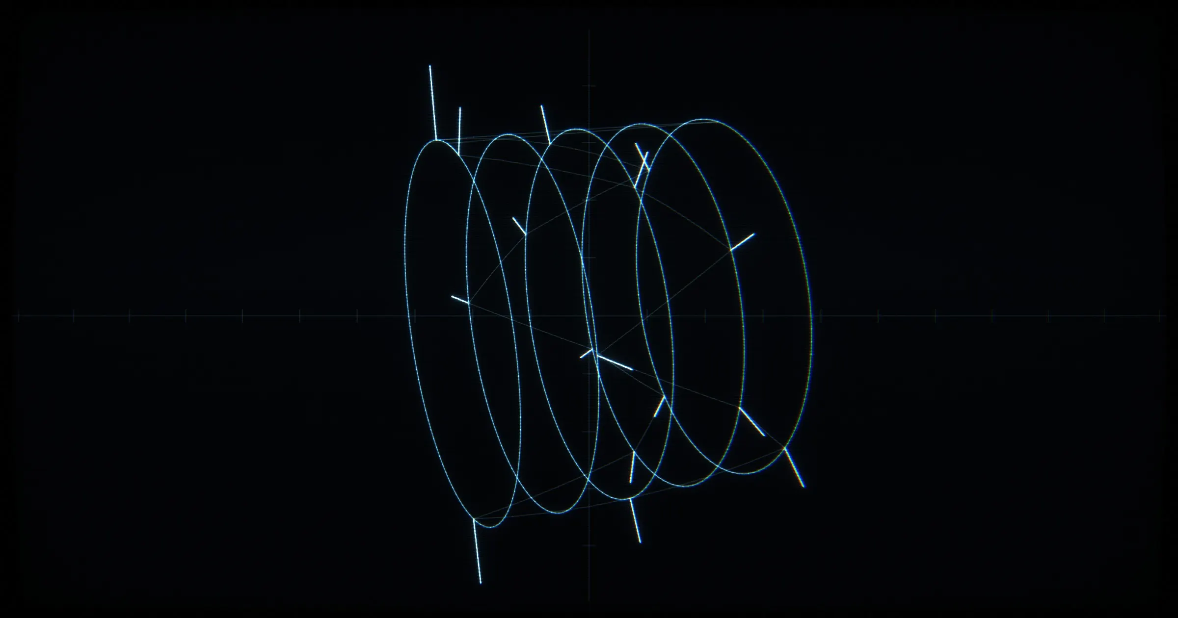 CRT line drawing: a music-box drum: five rings and sixteen pins