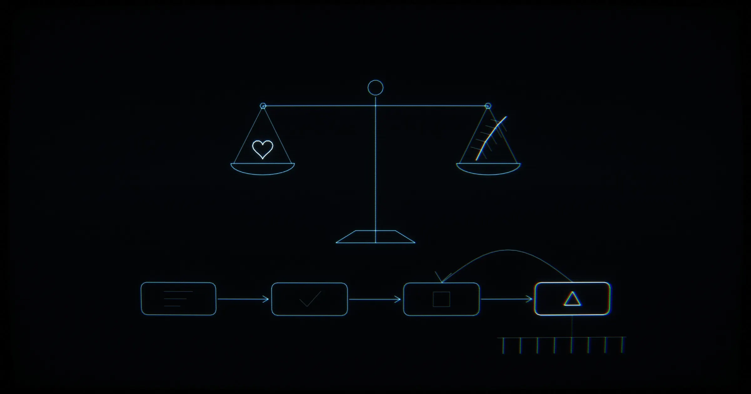 CRT line drawing: the scales of Maat over a four-stage pipeline: lint, type-check, build, deploy
