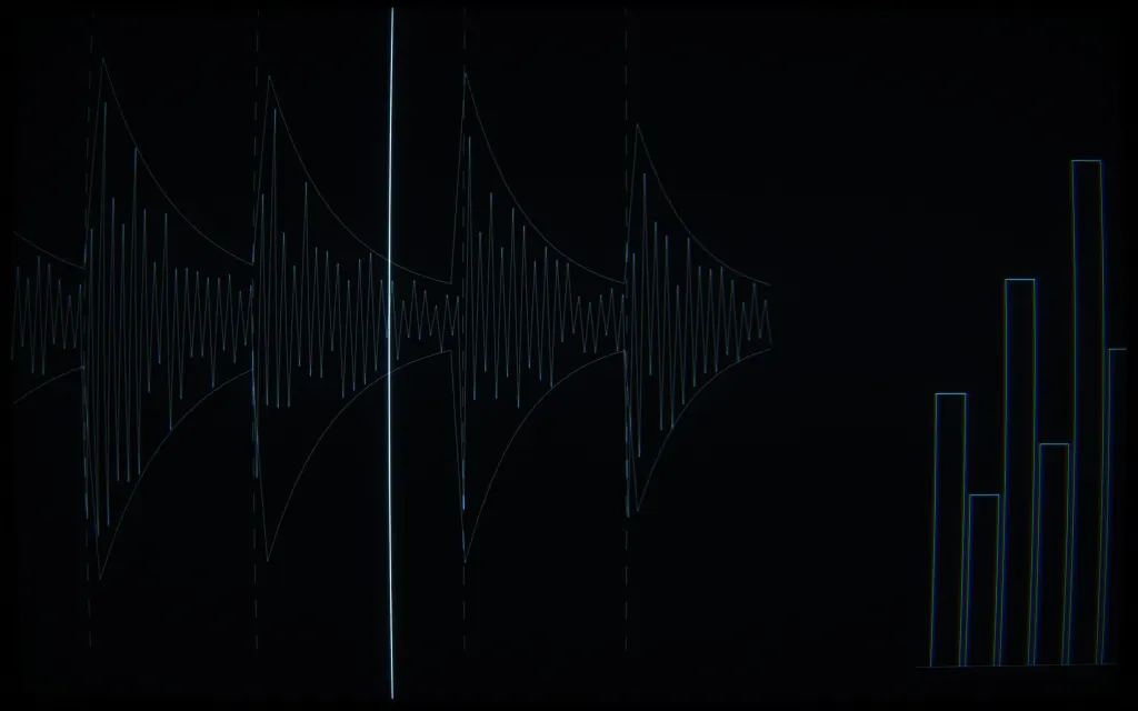 CRT line drawing: a waveform with onset chop markers, a twelve-bin chromagram and a playhead, close up