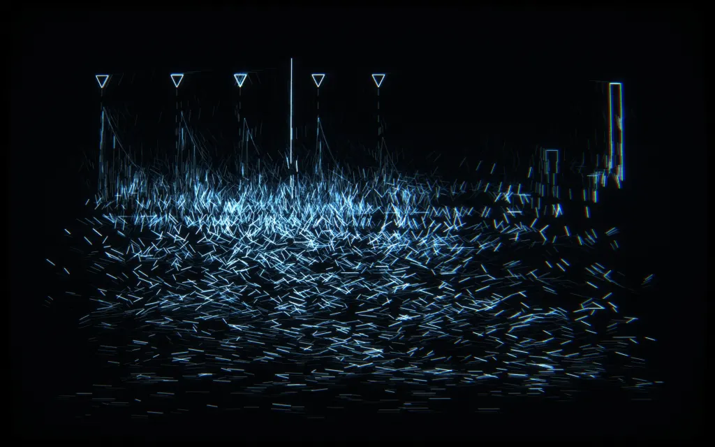 CRT line drawing: a waveform with onset chop markers, a twelve-bin chromagram and a playhead, tuning in from static