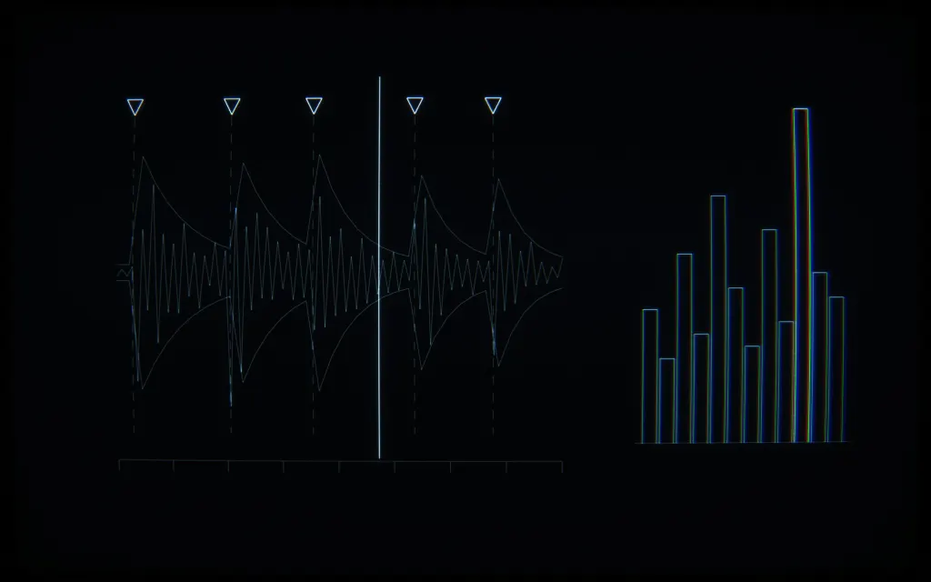 CRT line drawing: a waveform with onset chop markers, a twelve-bin chromagram and a playhead, at phone density