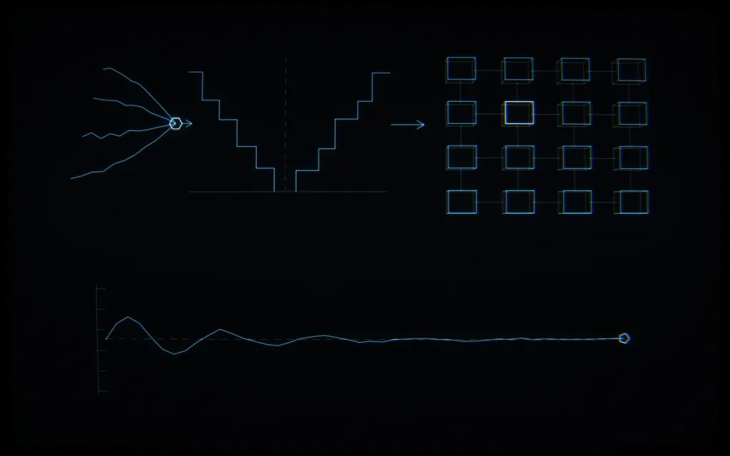 CRT line drawing: four price feeds into a mirrored order book, a lattice of sixteen crates and a flat equity line, at phone density