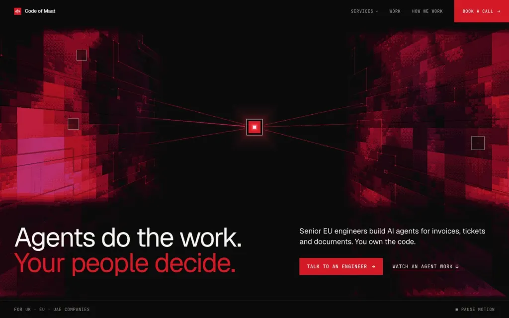 Code of Maat home page hero on a 1440 by 900 desktop screen. On a dark background, two walls of red pixel blocks recede towards a small red square in the centre, with thin red lines running to it. The headline 'Agents do the work. Your people decide.' sits at lower left; a short description, a red 'Talk to an engineer' button and a 'Watch an agent work' link sit at lower right. The top bar holds the logo, Services, Work, How we work and a red 'Book a call' button.