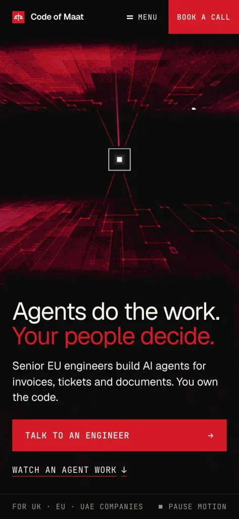 The same hero on a 390-pixel-wide phone screen. Red pixel-block surfaces above and below a small outlined square in the centre, with red lines leading to it. Below them are the headline 'Agents do the work. Your people decide.', a short description, a full-width red 'Talk to an engineer' button and a 'Watch an agent work' link. The header holds the Code of Maat logo, a Menu button and a red 'Book a call' button.