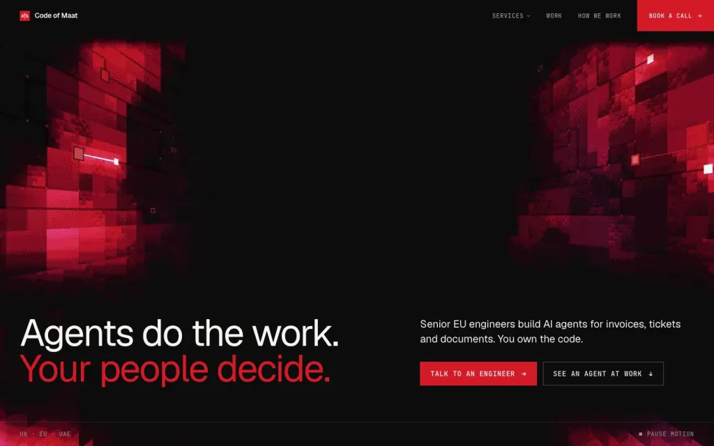 The desktop hero's no-WebGL fallback at 1440 by 900. A static image of red pixel-block walls on both sides stands in for the 3D scene, without the centre square and lines. In front of it are the headline 'Agents do the work. Your people decide.', a red 'Talk to an engineer' button and an outlined 'See an agent at work' button.